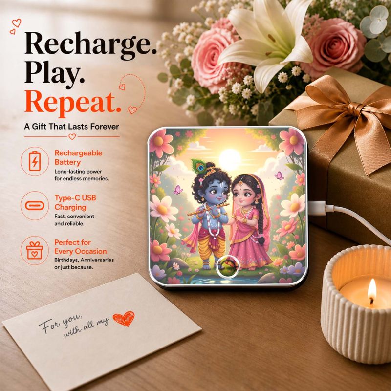 Shri Radha Krishna Musical Fridge Magnet Religious Decoration for Pooja Room, Home Decor Item for Living Room, Office Music Player with Rechargeable Speaker Spiritual Gift for Birthday